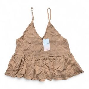 Kiwi & Punch Boho Babydoll Tank Top‎ Womens L Smocked Cropped Cami Beige NWT